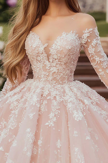 robe de bal rose Sweetheart Tulle Robe Quinceanera appliquée à manches longues
